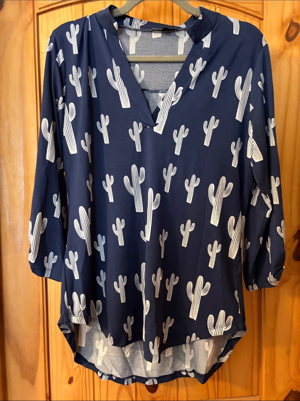 Navy Cactus-Print Split-Neck Tunic Top